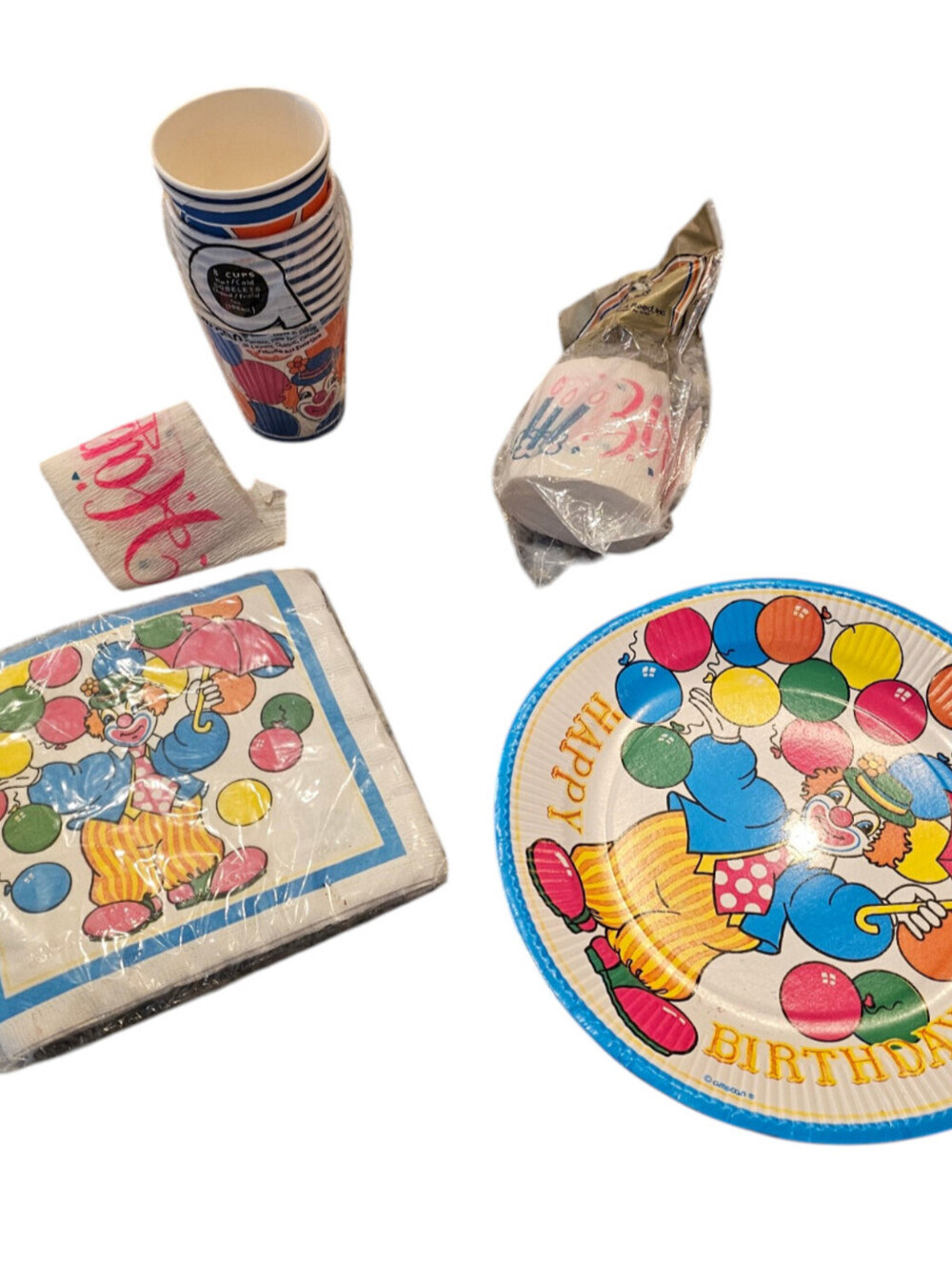 Set of Vintage 1980s Amscan Kids Birthday Party Decorations Clown Cups Napkins